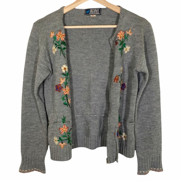 Vintage INDIA IMPORTS Small Knit Zip Cardigan Floral Embroidery Gray 70's 80s - Picture 3 of 9